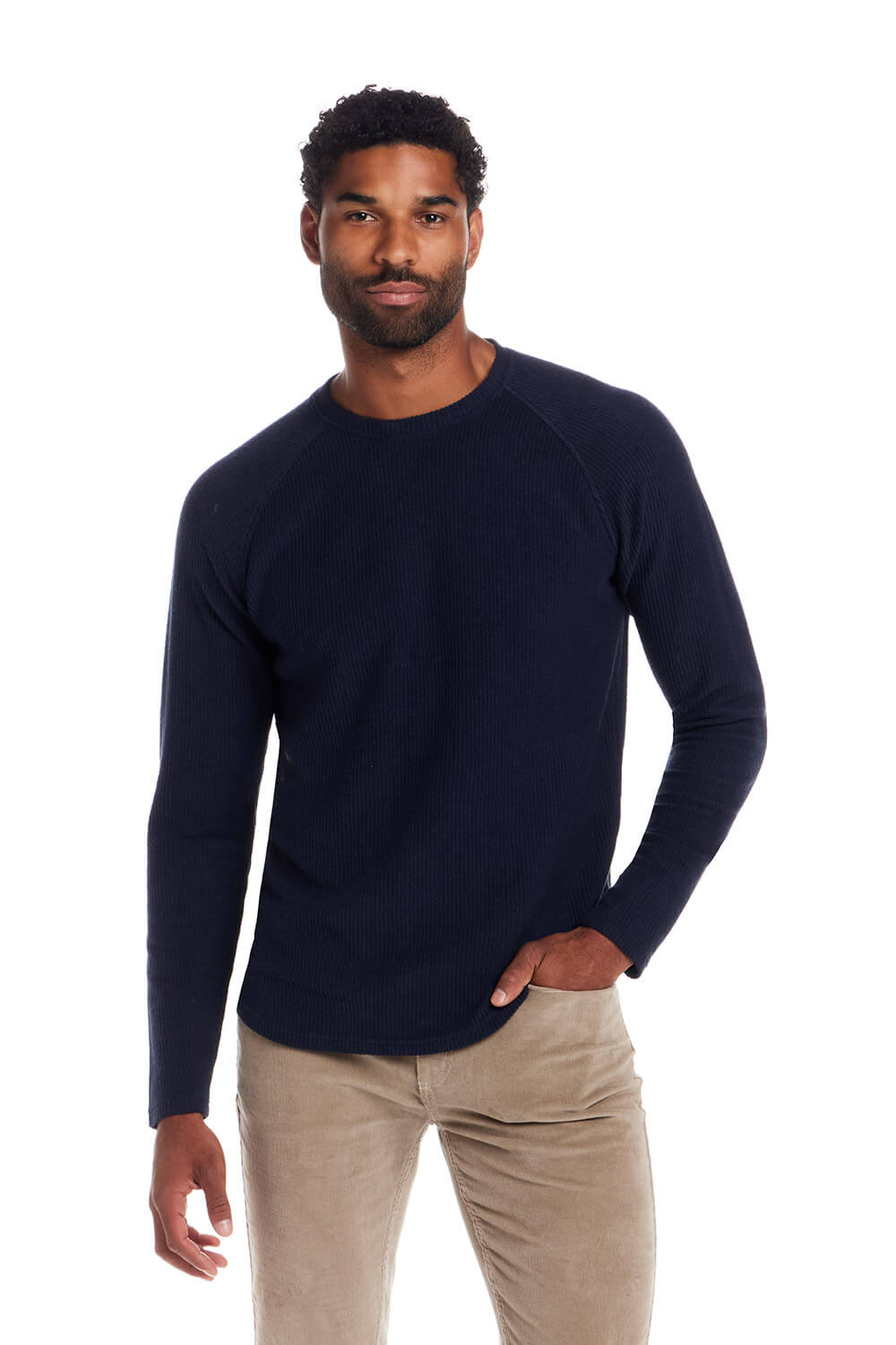 Weatherproof Ribbed Raglan Sweater for Men in Navy