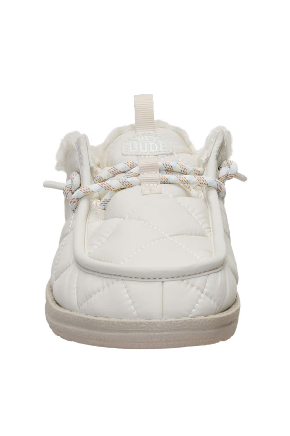 A white quilted slip-on shoe with faux fur trim, braided laces, and a pull tab, shown from the front on a white background.