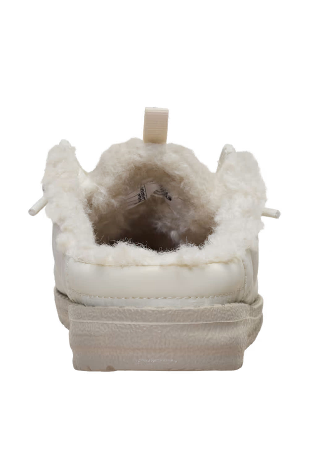 A single cream-colored slip-on mule featuring a thick, fluffy white faux-fur collar and a chunky textured sole, shown from a rear three-quarter view on a white background.