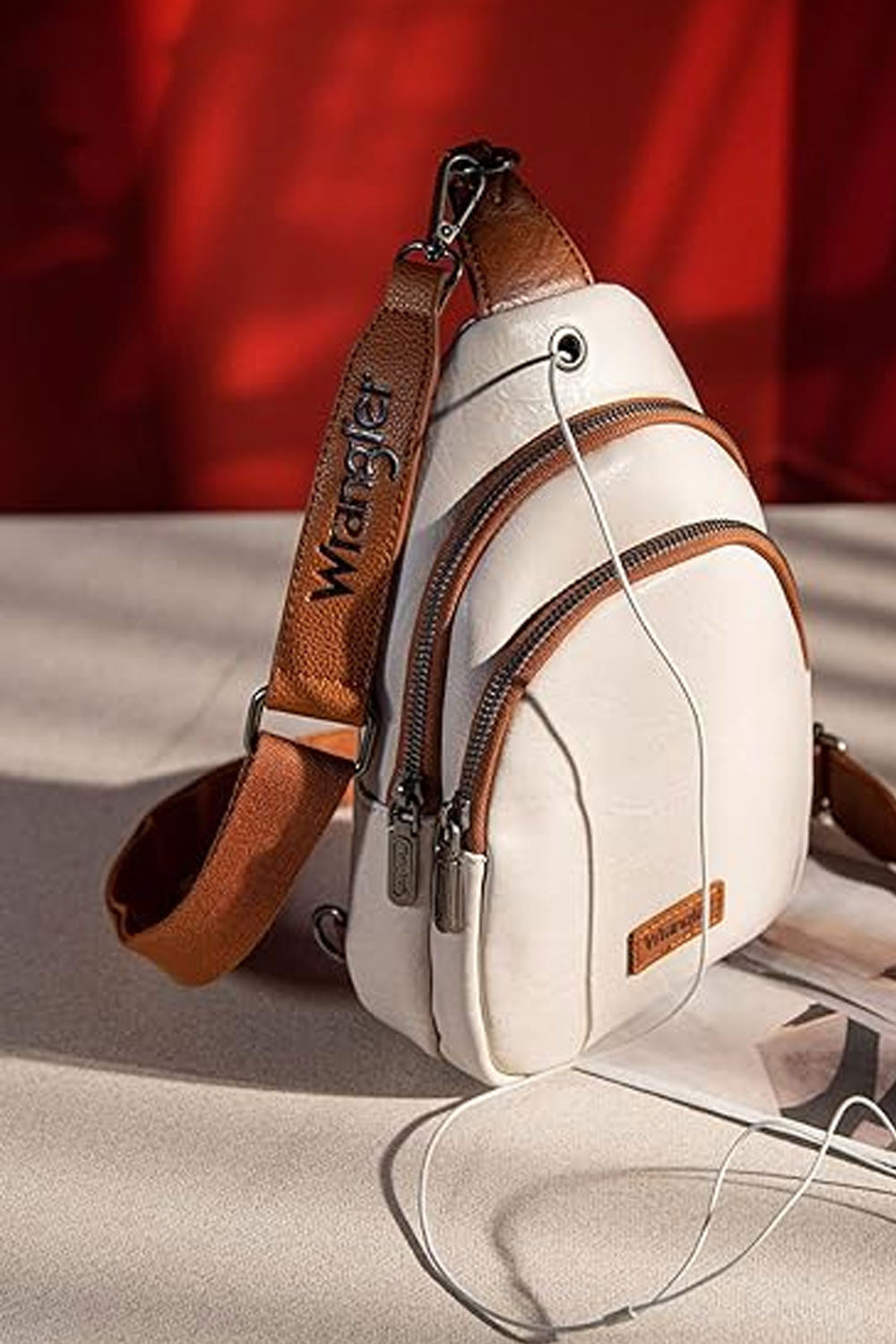 Wrangler White and Tan crossbody with Structured Design Wrangler Striped Crossbody Purse – Montana West World main image 4