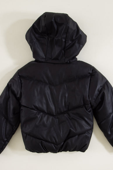 Youth Faux Leather Hooded Puffer Jacket for Girls in Black