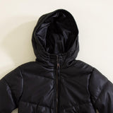Youth Faux Leather Hooded Puffer Jacket for Girls in Black
