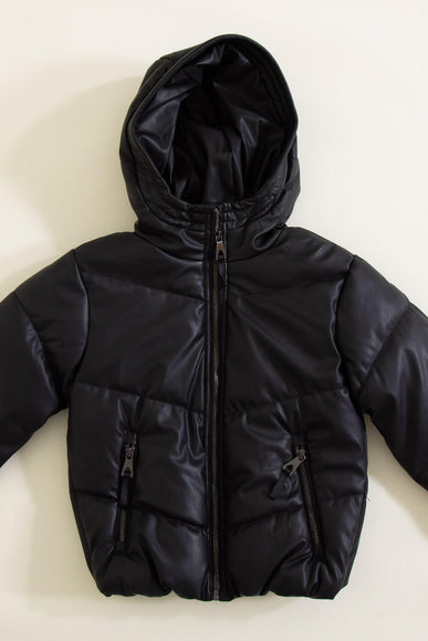 Youth Faux Leather Hooded Puffer Jacket for Girls in Black