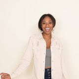 American Bazi Long Destructed Denim Shacket in Ivory