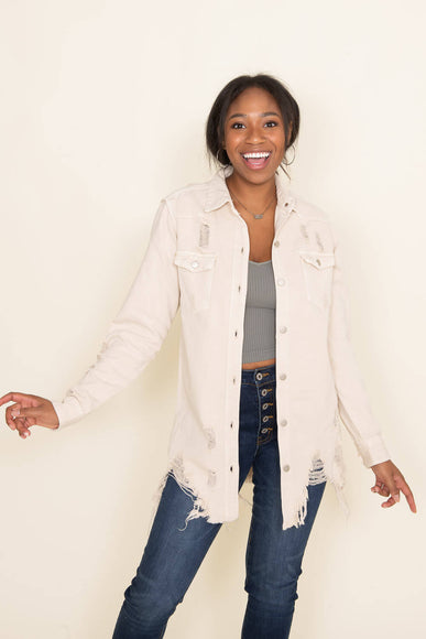 American Bazi Long Destructed Denim Shacket in Ivory