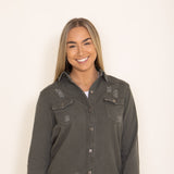 American Bazi Long Destructed Hem Denim Jacket for Women in Olive Green