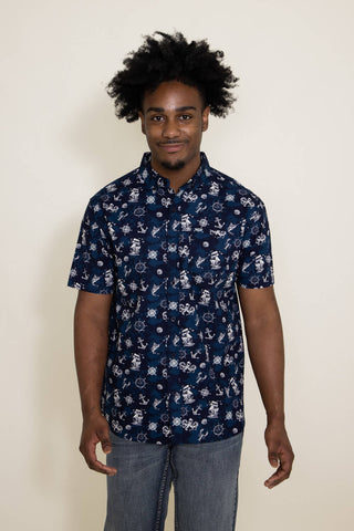 Anchor Print Button Up Shirt for Men in Navy