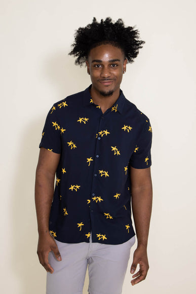 Denim & Flower Woven Button-Down Palm Tree Shirt for Men in Navy Blue