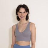 Ribbed V Plunge Padded Sports Bra for Women in Grey