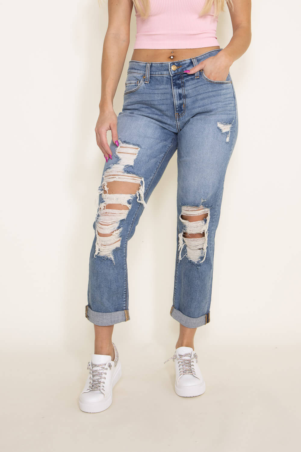 Eunina Frankie Mid Rise Distressed Girlfriend Jeans for Women | E87019 ...