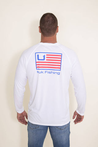 Huk Fishing Huk and Bars Pursuit Long Sleeve Tee for Men in White
