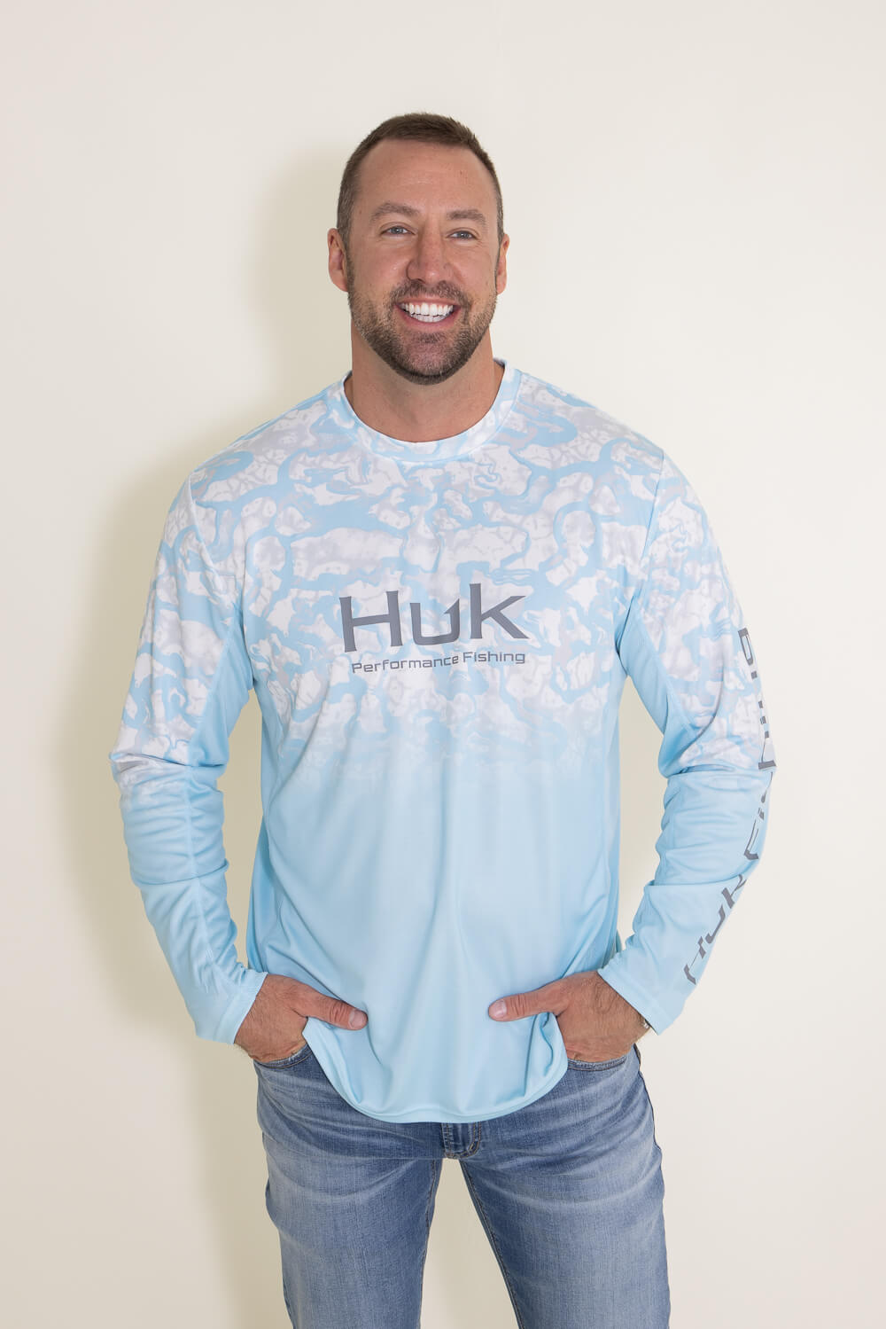 HUK Performance Fishing Shirt Mens Medium Blue Camo Long Sleeve