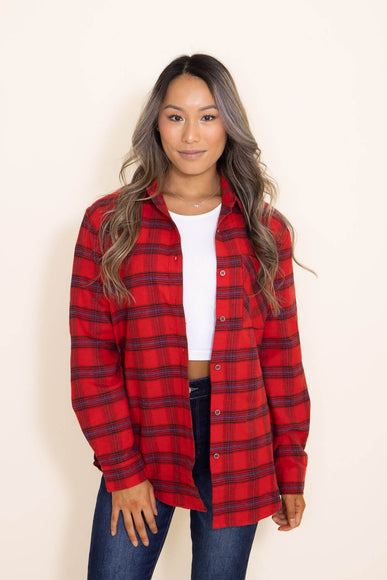 La Miel Plaid Long Sleeve Flannel Button Up Shirt for Women in Red