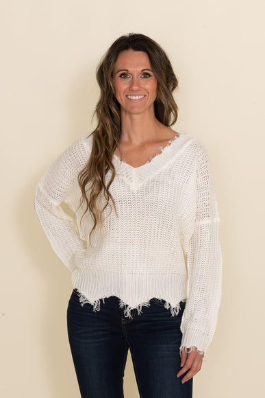 Frayed V Neck Sweater for Women in White