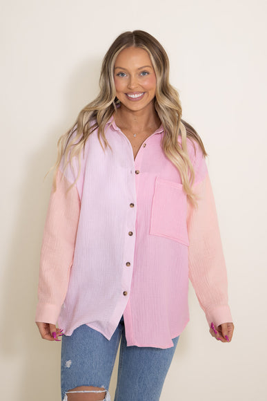 Simply Southern Color Block Boyfriend Shirt for Women in Taffy Pink