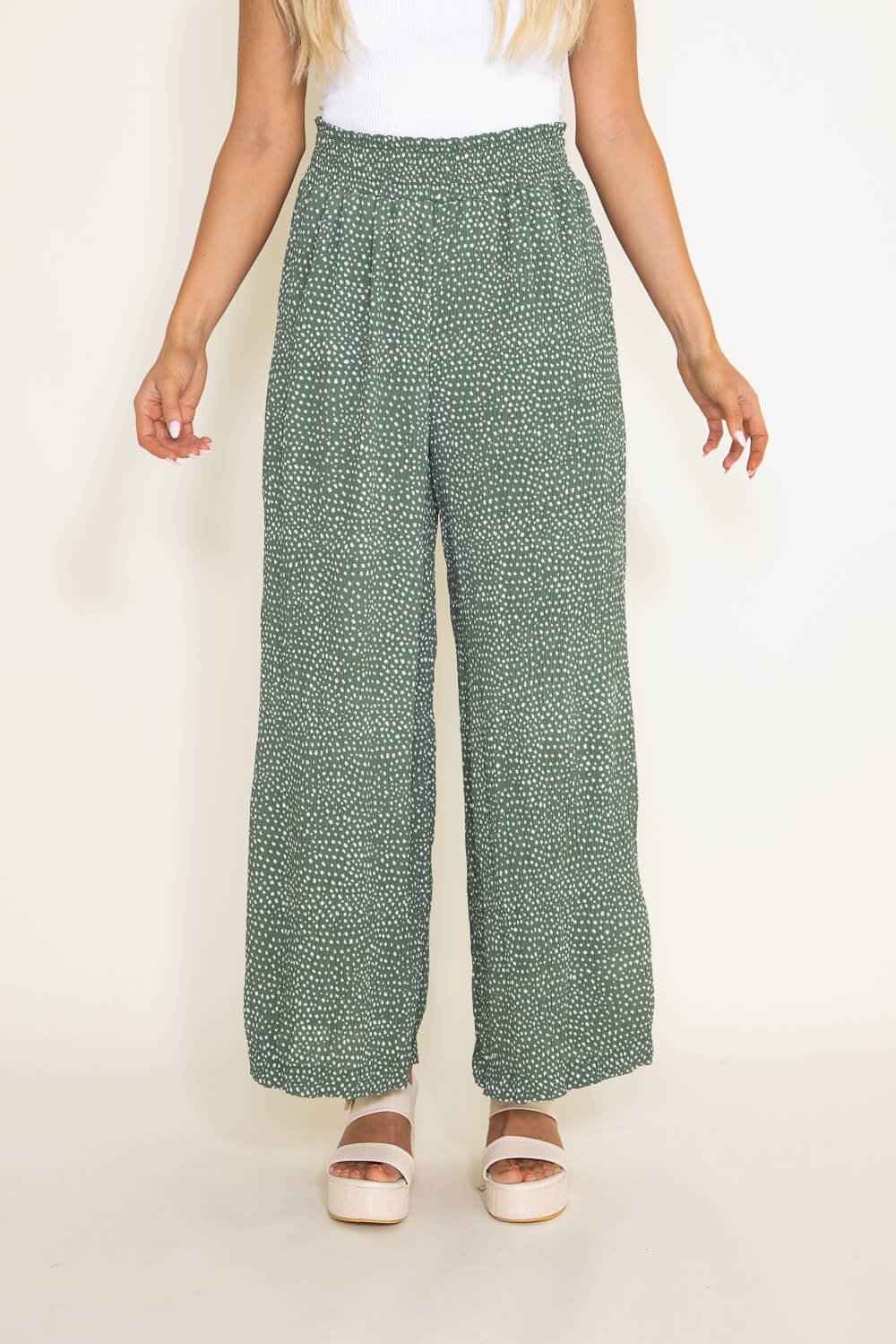 Dotted Smocked Waist Wide Leg Pants for Women in Green