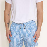 Vintage Summer Premium Stripe Swim Volley Shorts for Men in Denim Blue