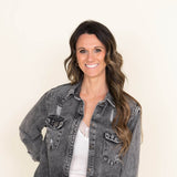 American Bazi Long Destructed Hem Denim Jacket for Women in Grey