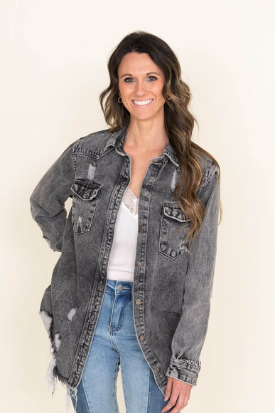 American Bazi Long Destructed Hem Denim Jacket for Women in Grey