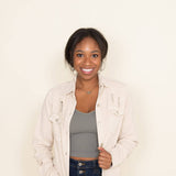 American Bazi Long Destructed Denim Shacket in Ivory