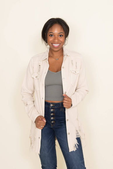 American Bazi Long Destructed Denim Shacket in Ivory