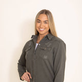 American Bazi Long Destructed Hem Denim Jacket for Women in Olive Green