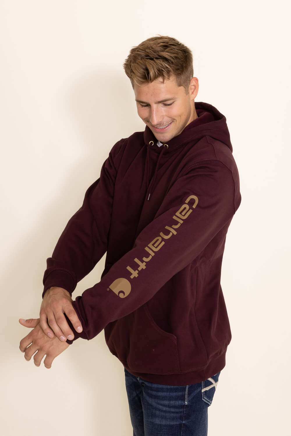 Carhartt Logo Sleeve Hoodie for Men in Port Maroon