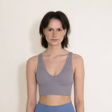Ribbed V Plunge Padded Sports Bra for Women in Grey