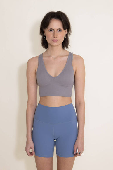 Ribbed V Plunge Padded Sports Bra for Women in Grey