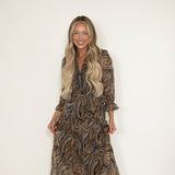 Elan Paisley Print Lurex Tiered Midi Dress for Women in Multi Brown