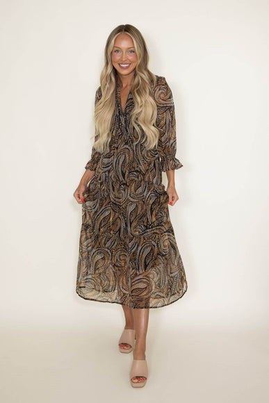 Elan Paisley Print Lurex Tiered Midi Dress for Women in Multi Brown