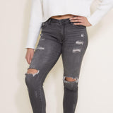 KanCan Mid Rise Distressed Super Skinny Jeans for Women in Light Grey