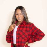 La Miel Plaid Long Sleeve Flannel Button Up Shirt for Women in Red