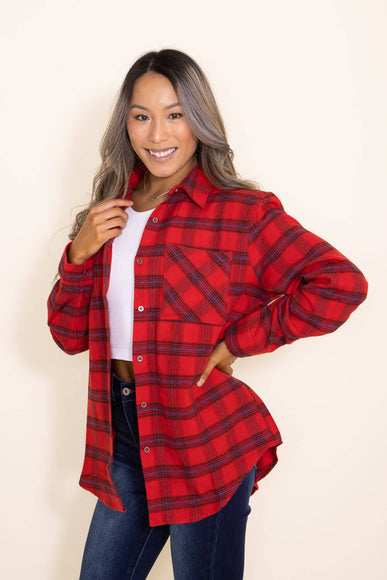La Miel Plaid Long Sleeve Flannel Button Up Shirt for Women in Red