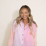 Simply Southern Color Block Boyfriend Shirt for Women in Taffy Pink