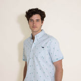 Simply Southern Palm Print Woven Button-Down Shirt for Men in Light Blue