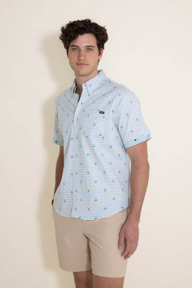 Simply Southern Palm Print Woven Button-Down Shirt for Men in Light Blue