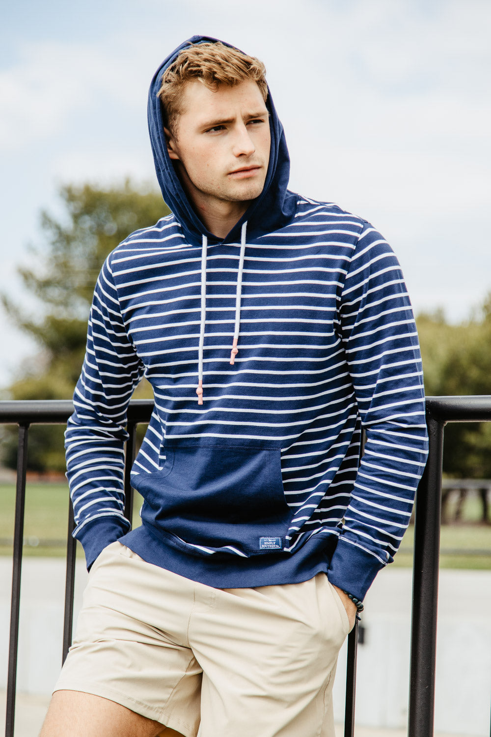 Simply Southern Stripe Lightweight Hoodie for Men in Navy Blue