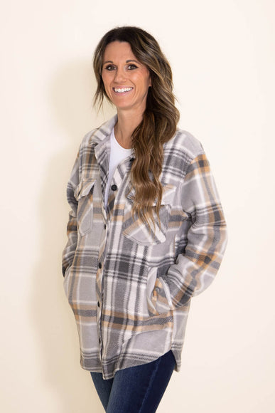 Thread & Supply Tullis Fleece Plaid Shacket for Women in Grey and Brown