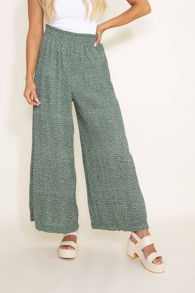 Dotted Smocked Waist Wide Leg Pants for Women in Green