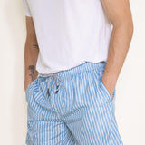 Vintage Summer Premium Stripe Swim Volley Shorts for Men in Denim Blue