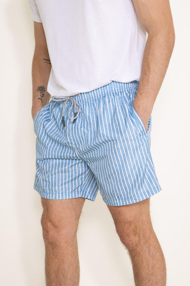 Vintage Summer Premium Stripe Swim Volley Shorts for Men in Denim Blue