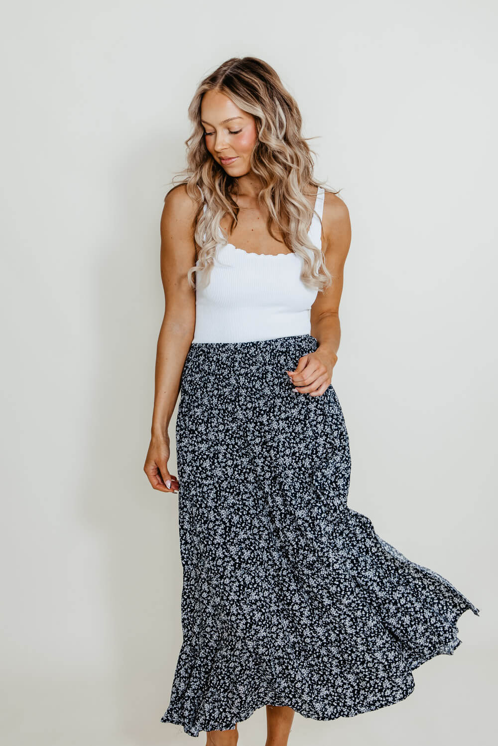 Wishlist Floral Midi Skirt with Slide Slit for Women in Blue