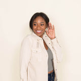 American Bazi Long Destructed Denim Shacket in Ivory