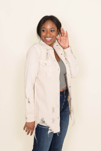 American Bazi Long Destructed Denim Shacket in Ivory