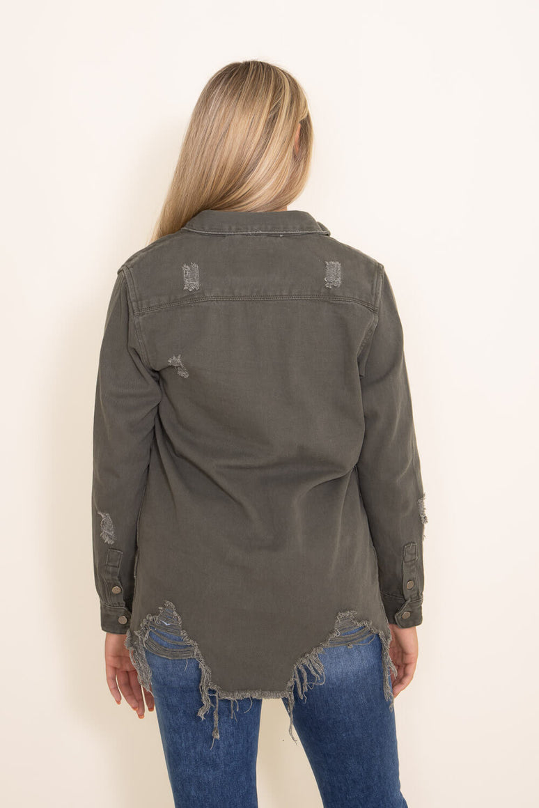 American Bazi Long Destructed Hem Denim Jacket for Women in Olive Gree