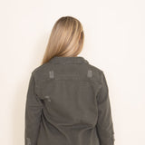 American Bazi Long Destructed Hem Denim Jacket for Women in Olive Green