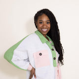 Bucketlist French Terry Fleece Button Up Sweater for Women in Color Block