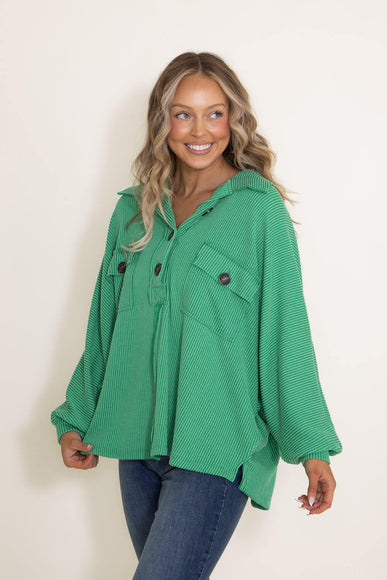 Bucketlist French Terry Fleece Button Up Sweater for Women in Green | T-1578-3-GREEN