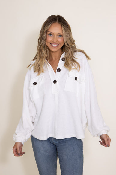 Bucketlist French Terry Fleece Button Up Sweater for Women in Ivory
